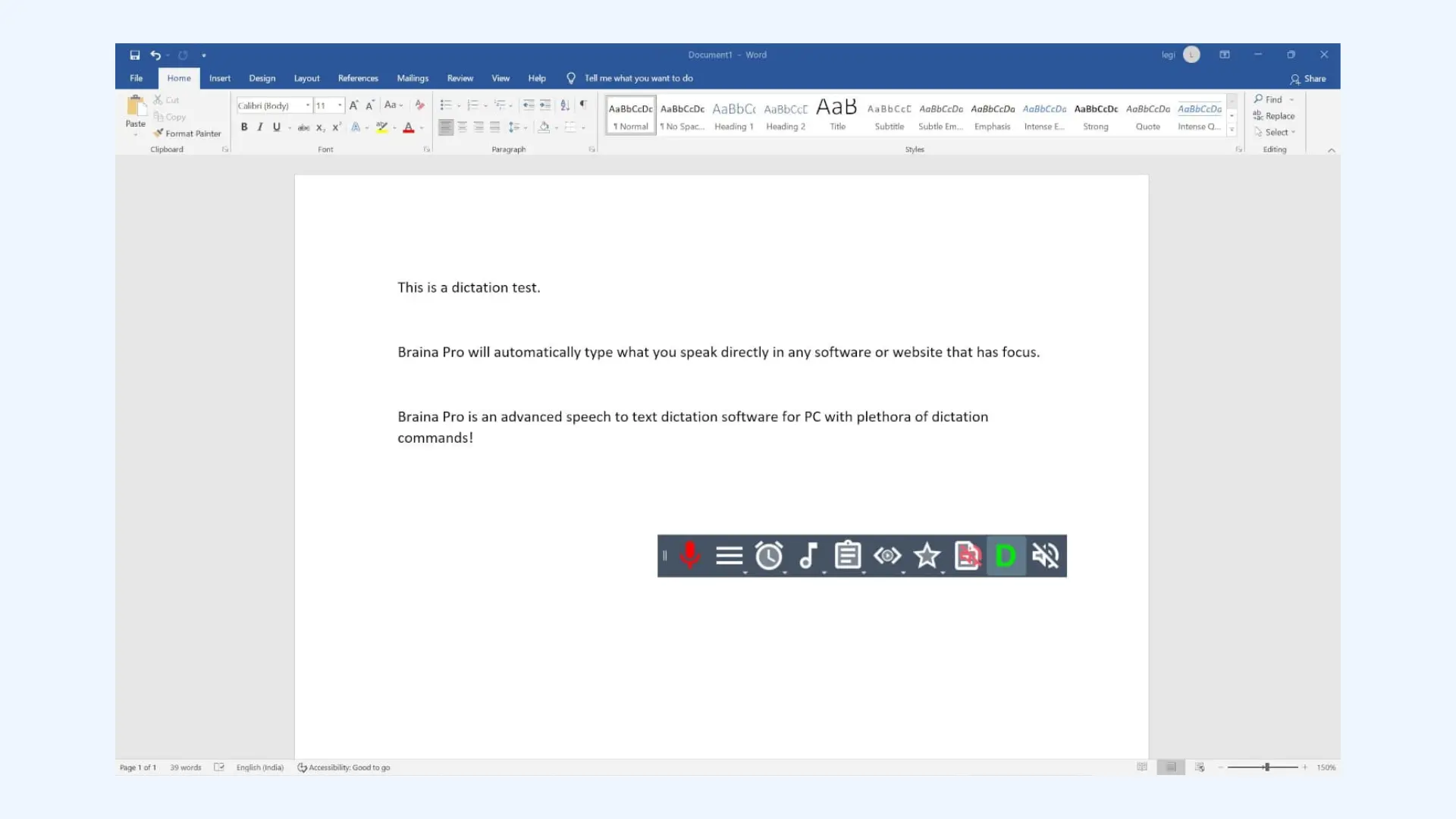 A screenshot of Microsoft Word displaying text dictated by Braina Pro.